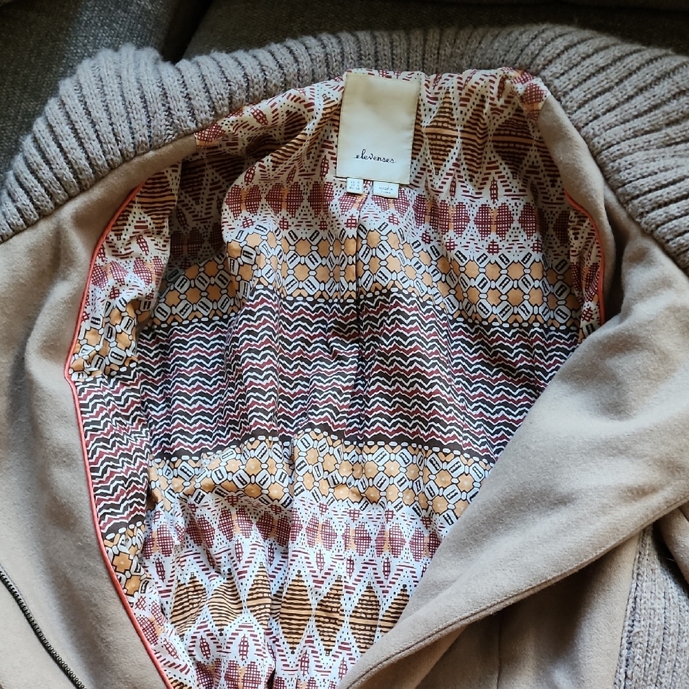 Elevenses Anthropologie Wool Blend Tan Trench Coat with Knit Accents - Picture 13 of 13